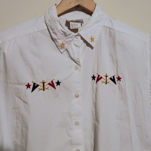 Vtg Kathie Lee Button Front Shirt-Size 16-Nautical-Embroidered-Shoulder Pads - Picture 2 of 6